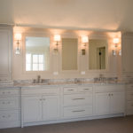 master bath vanity, gray paint, inset, framed mirrors